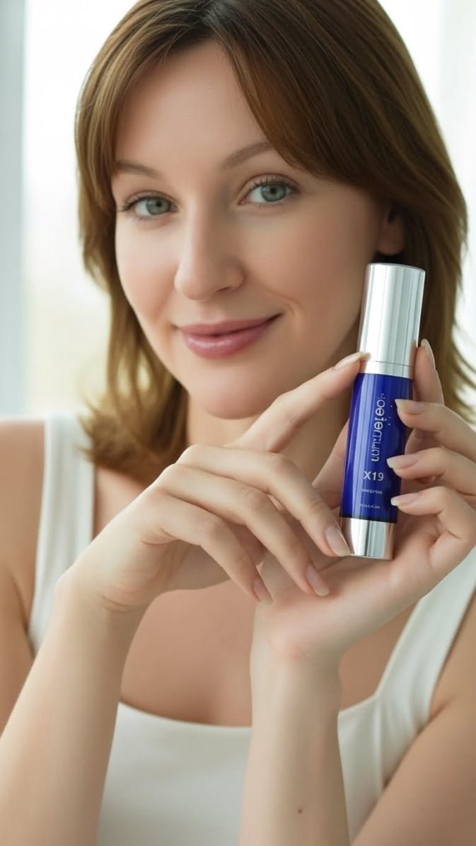 Woman presenting Aeternum X19 skin serum designed for hydration and youthful-looking skin