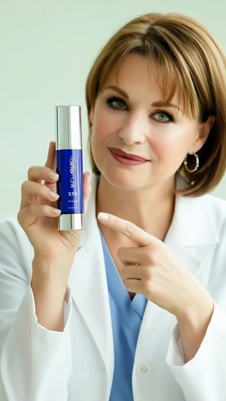 Woman holding Aeternum X19 anti-aging skin serum bottle